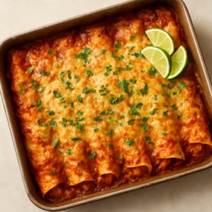 Baked chicken enchiladas topped with melted cheese, cilantro, and lime wedges