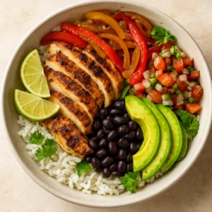 Grilled chicken fajita bowls with rice, peppers, beans, avocado, and pico de gallo