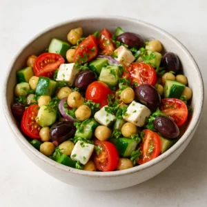 Chickpea and cucumber salad with chickpeas, feta, olives, tomatoes, parsley, and dill