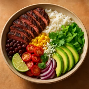 Southwest rice bowl with grilled steak, rice, black beans, corn, avocado, and fresh toppings