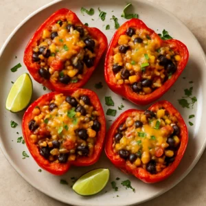 Roasted stuffed bell peppers filled with black beans, corn, rice, and melted cheese