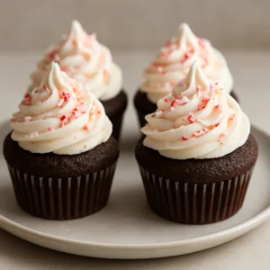 Chocolate cupcakes topped with peppermint frosting and crushed peppermint candies