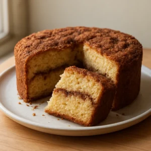 Slice of cinnamon swirl coffee cake with a tender crumb and warm cinnamon ribbon