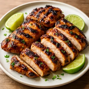 Grilled citrus garlic chicken with lime wedges and herb garnish