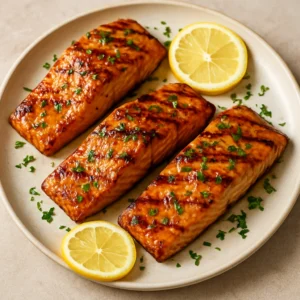 Grilled salmon with citrus glaze, lemon slices, and fresh herbs