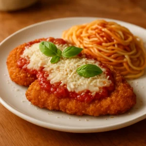 Classic chicken parmesan topped with marinara, mozzarella, Parmesan, and basil