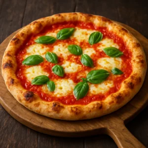 Classic margherita pizza with tomato sauce, mozzarella, basil, and a drizzle of olive oil