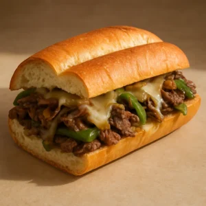 Classic Philly cheesesteak sandwich with ribeye, onions, peppers, and melted provolone