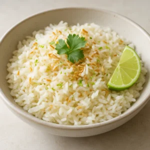 Coconut lime rice garnished with cilantro, lime zest, and toasted coconut