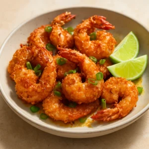 Coconut shrimp finished with curry olive oil, scallions, and lime wedges