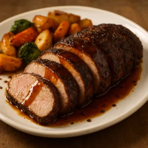 Sliced coffee-rubbed pork tenderloin with glossy bourbon glaze