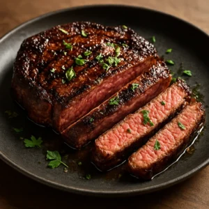 Grilled ribeye steak with a coffee spice crust and a glossy finish