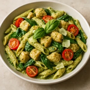 Creamy chicken pesto pasta with basil cream sauce, chicken, Parmesan, spinach, and cherry tomatoes