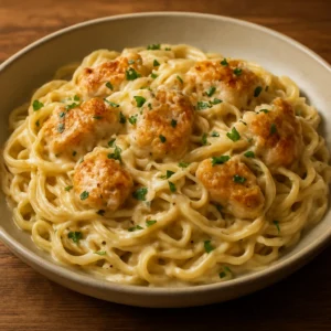 Creamy garlic chicken pasta with chicken, Parmesan, and parsley