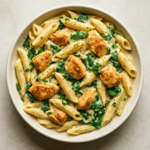 Creamy Italian chicken pasta with chicken, Parmesan, spinach, and herbs