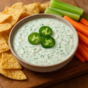 Creamy jalapeño ranch dip with herbs and tortilla chips