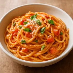 Creamy tomato basil pasta with Parmesan and fresh basil in a bowl