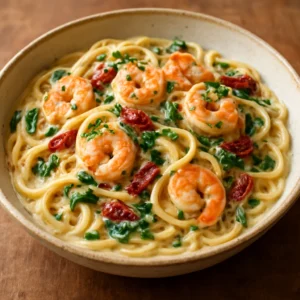 Creamy Tuscan shrimp pasta with shrimp, spinach, and sun-dried tomatoes