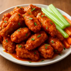 Crispy buffalo chicken wings coated in glossy sauce with celery and carrot sticks