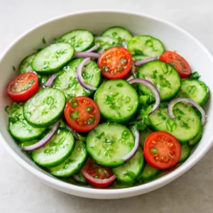 Fresh cucumber salad with cherry tomatoes, red onion, dill, and spearmint olive oil