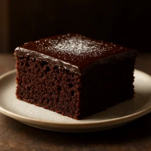 Slice of rich dark chocolate cake topped with glossy ganache and powdered sugar