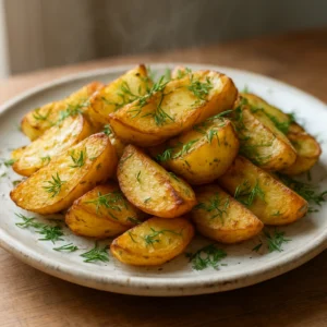 Crispy dill pickle roasted potatoes with fresh dill garnish