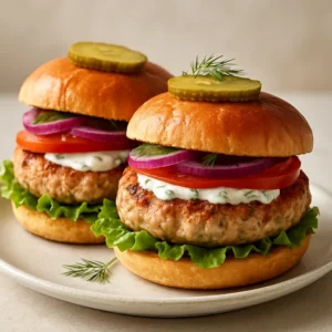 Juicy dill pickle turkey burgers with lettuce, tomato, red onion, and pickle mayo on toasted buns