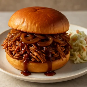 Pulled pork sandwich with glossy espresso barbecue sauce on a toasted brioche bun