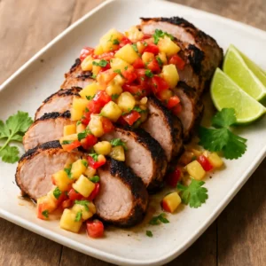 Sliced pork tenderloin topped with pineapple salsa on a serving platter