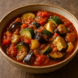 A rustic bowl of French ratatouille with tender summer vegetables and Provençal herbs.