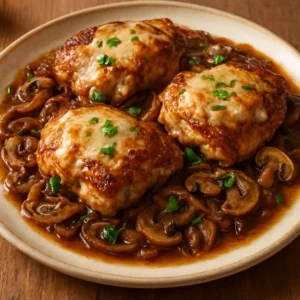 French onion chicken with caramelized onions, mushrooms, and melted Gruyère
