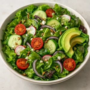 Fresh garden salad with romaine, tomatoes, cucumber, radishes, avocado, feta, and sunflower seeds