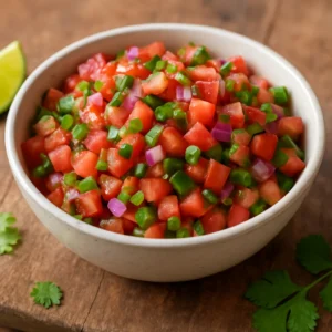 A bowl of fresh pico de gallo made with tomatoes, cilantro, lime, and Salsa Fresca Infused Olive Oil Blend