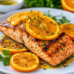 Grilled salmon with citrus glaze, orange slices, and fresh herbs
