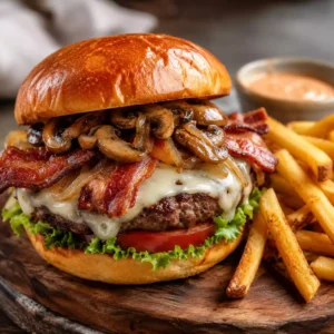 Bacon Mushroom Swiss Burger with Burger Infused Olive Oil served on a toasted brioche bun with melted Swiss cheese, sautéed mushrooms, crispy bacon, caramelized onions, golden fries, and dipping sauce.