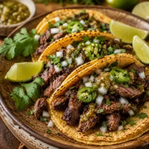 Carne Asada Tacos Finished with Arizona Sonoran SW Desert Blend Olive Oil Carne asada tacos with charred steak, cilantro, onion, jalapeño, lime wedges, and Southwest olive oil finish