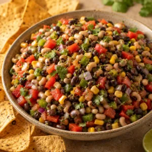 Cowboy Caviar Dressed with Arizona Sonoran SW Desert Blend Olive Oil Colorful cowboy caviar with beans, corn, peppers, cilantro, lime, and Southwest olive oil dressing served with tortilla chips.