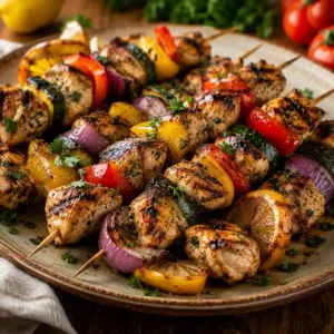 Grilled chicken skewers with zucchini, peppers, red onion, and lemon made with Tuscan Infused Olive Oil Blend