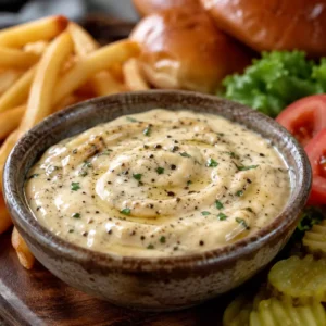 Creamy Burger Aioli with Burger Infused Olive Oil in a rustic ceramic bowl, topped with cracked black pepper, parsley, and olive oil, with fries and burger fixings in the background.