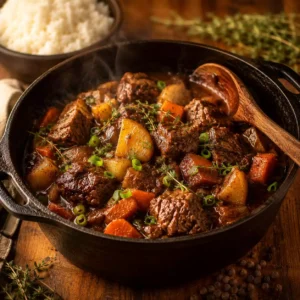 Jamaican-style beef stew with tender beef chunks, Yukon gold potatoes, and carrots in a rich Allspice Blend Olive Oil sauce, served in a rustic Dutch oven with fresh thyme and scallions.