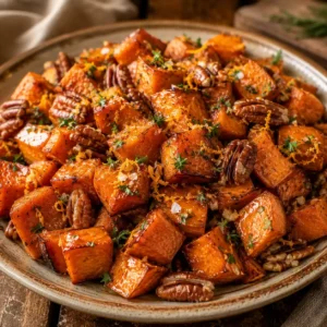 Maple glazed roasted sweet potatoes with toasted pecans, orange zest, parsley, and Allspice Infused Olive Oil.