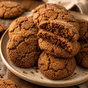 Stack of chewy old-fashioned molasses cookies with crackled sugar tops on a ceramic plate.