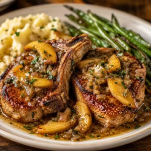 Pan-seared pork chops with British Infused Olive Oil Blend, tender apple slices, and glossy herb pan sauce on a ceramic platter.