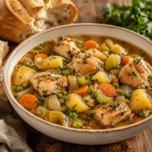Rustic chicken and vegetable stew with British Infused Olive Oil Blend, potatoes, carrots, celery, peas, and herb-seasoned broth.