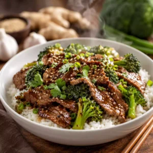 Sesame Ginger Beef & Broccoli made with Garden Infuzions Asian Stir-Fry Infused Olive Oil served over jasmine rice with tender sliced beef, crisp broccoli, toasted sesame seeds, green onions, and a savory ginger garlic sauce.
