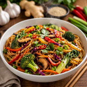 Spicy Garlic Vegetable Noodle Bowl made with Garden Infuzions Asian Stir-Fry Infused Olive Oil featuring lo mein noodles, broccoli, carrots, bell peppers, snow peas, mushrooms, bok choy, sesame seeds, and green onions.