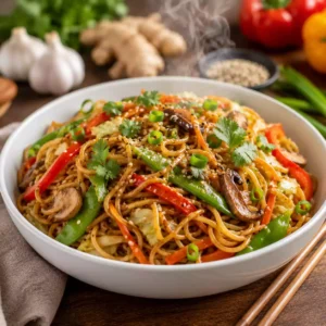 Vegetable Lo Mein made with Garden Infuzions Asian Stir-Fry Infused Olive Oil with noodles, bell peppers, snow peas, carrots, mushrooms, cabbage, sesame seeds, and green onions.