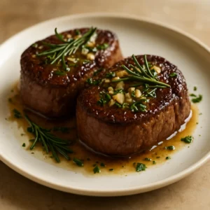 Garlic herb filet mignon with rosemary and pan juices