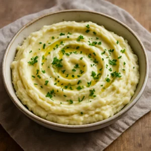 Creamy garlic herb mashed potatoes finished with olive oil and fresh herbs