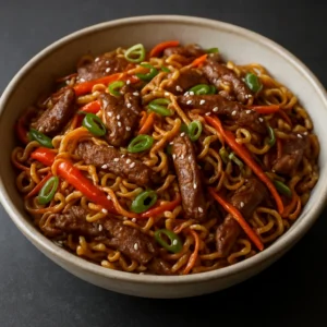 A bowl of garlic sesame beef ramen stir-fry with beef, ramen noodles, bell pepper, carrots, and scallions